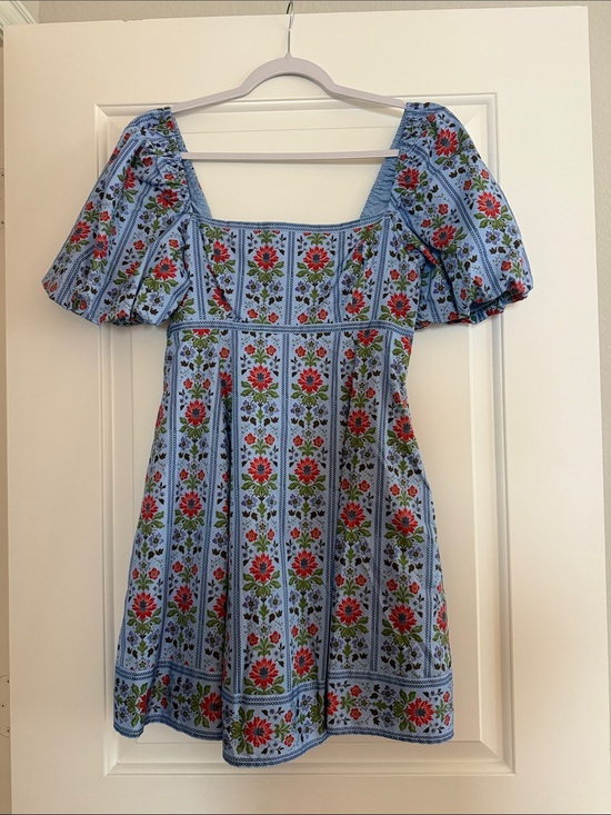 Hill House Home Dresses & Skirts - Blue Floral Mini Dress with Puff Sleeves